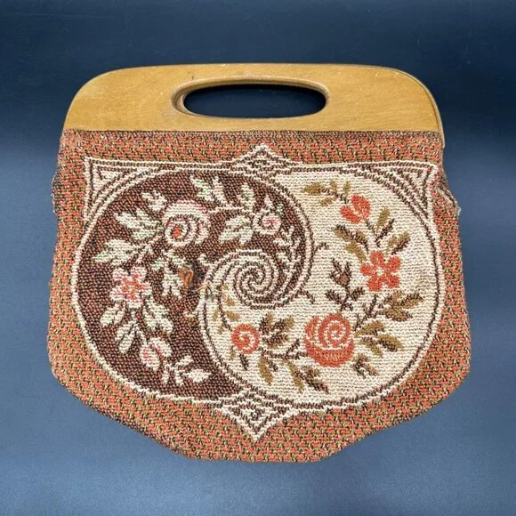 Vintage Floral Tapestry Purse Wooden Handles 1970s Roses Boho Retro As Is - Picture 3 of 12